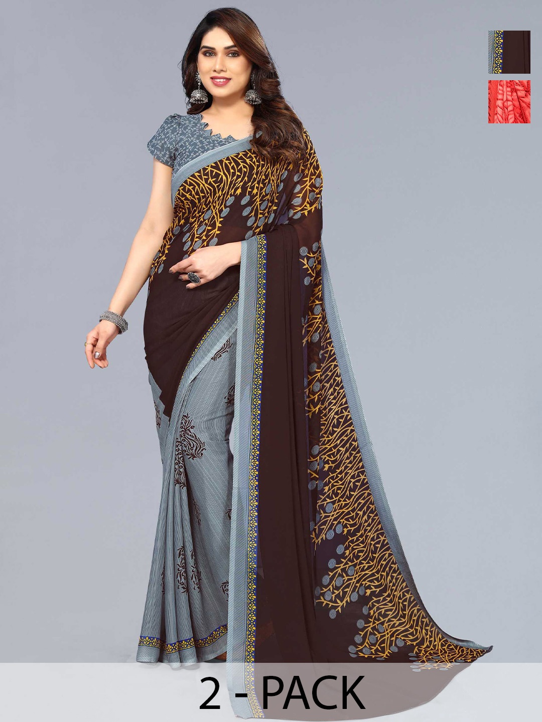 

ANAND SAREES Selection Of 2 Floral Printed Sarees, Grey
