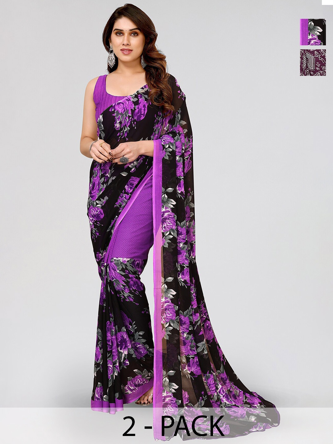 

ANAND SAREES Selection of 2 Floral Printed Sarees, Purple