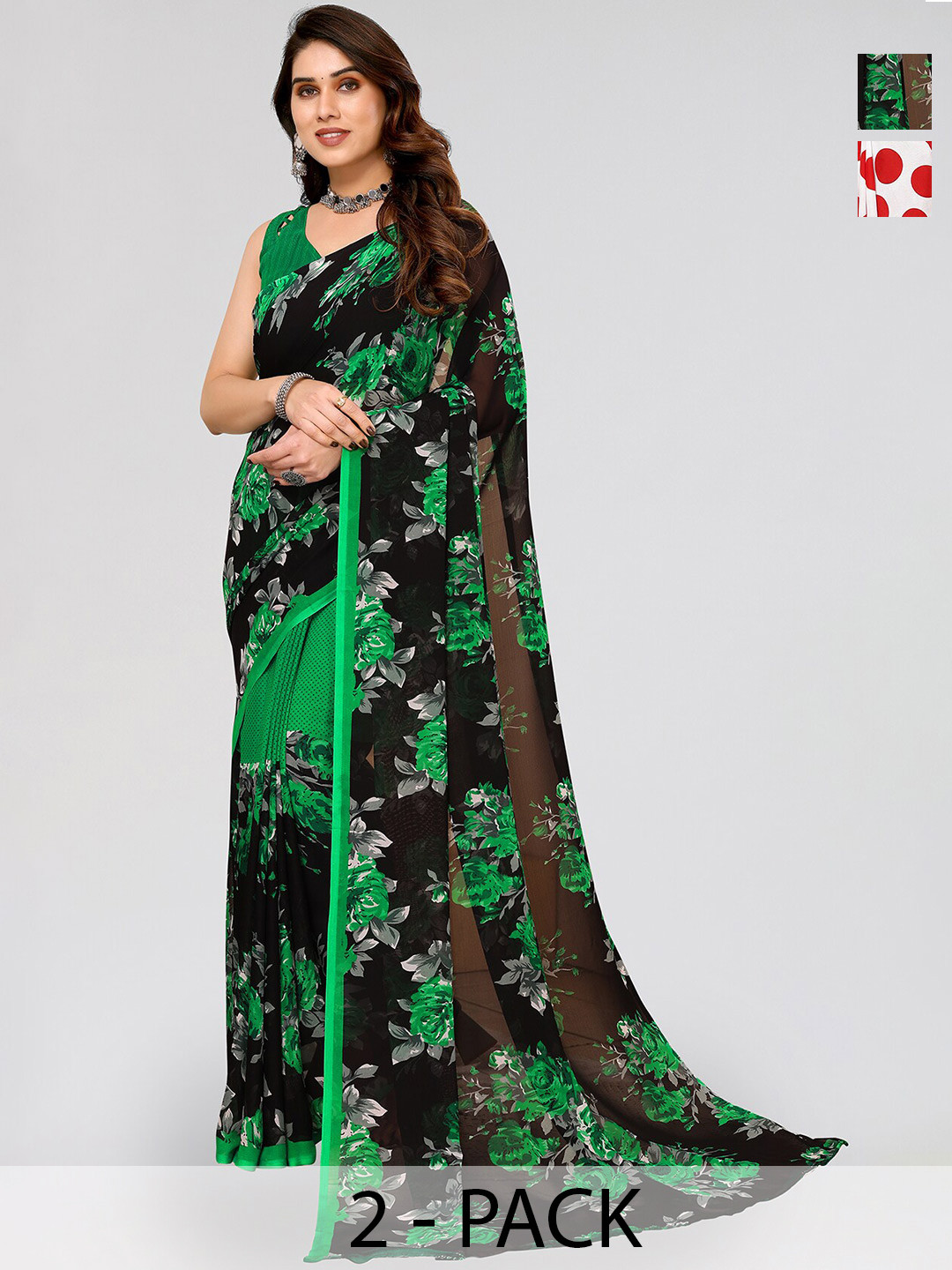 

ANAND SAREES Selection of 2 Polka Dot Printed Saree, Red