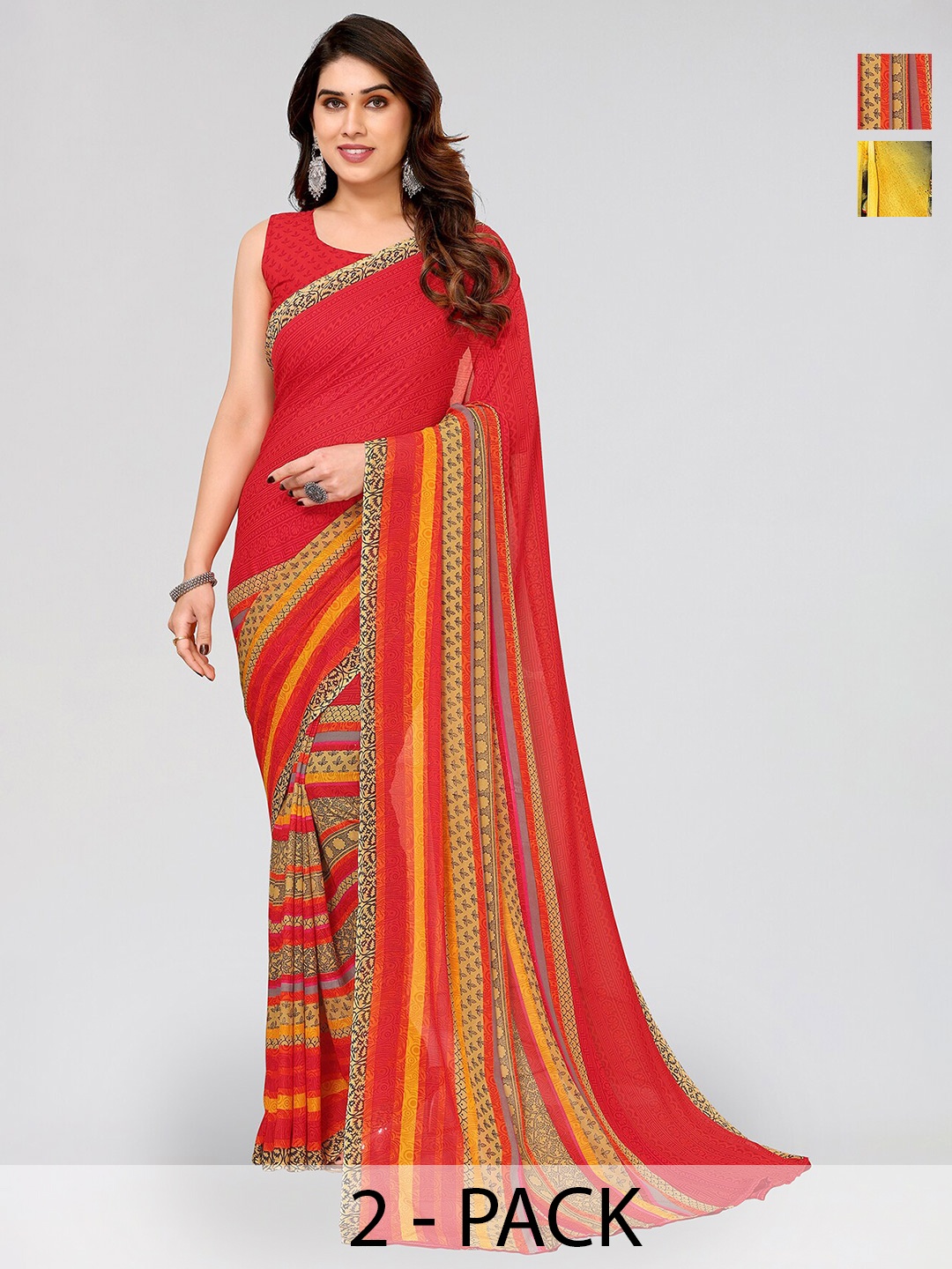 

ANAND SAREES Selection Of 2 Floral Printed Sarees, Yellow