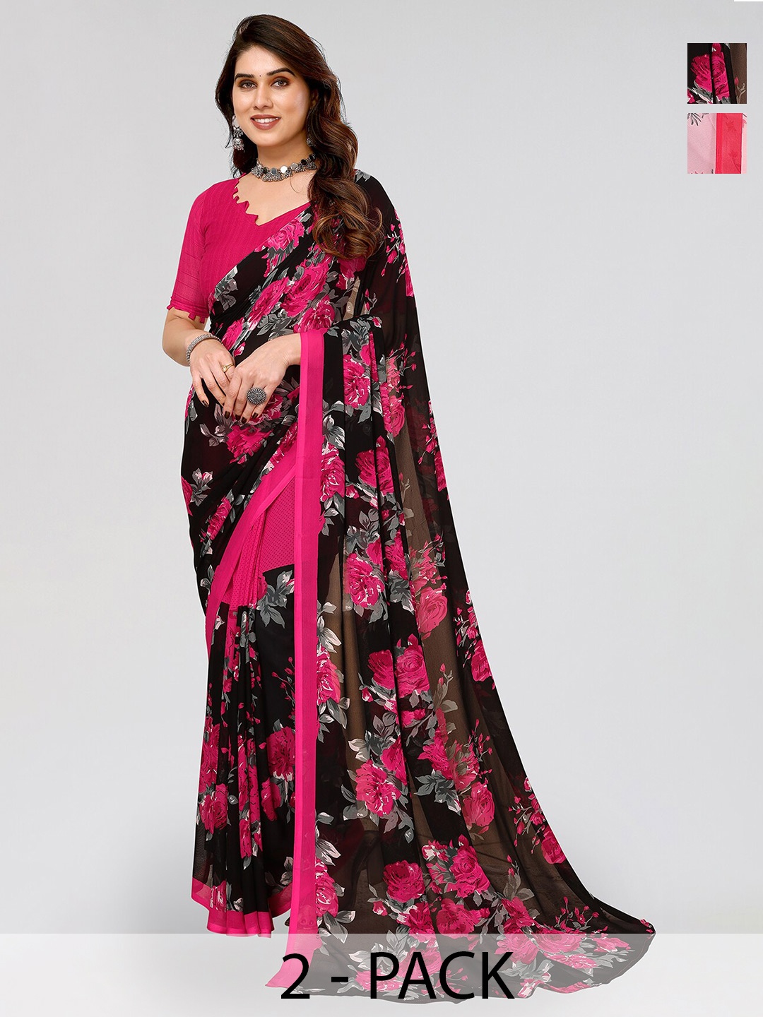 

ANAND SAREES Selection Of 2 Floral Printed Saree, Pink