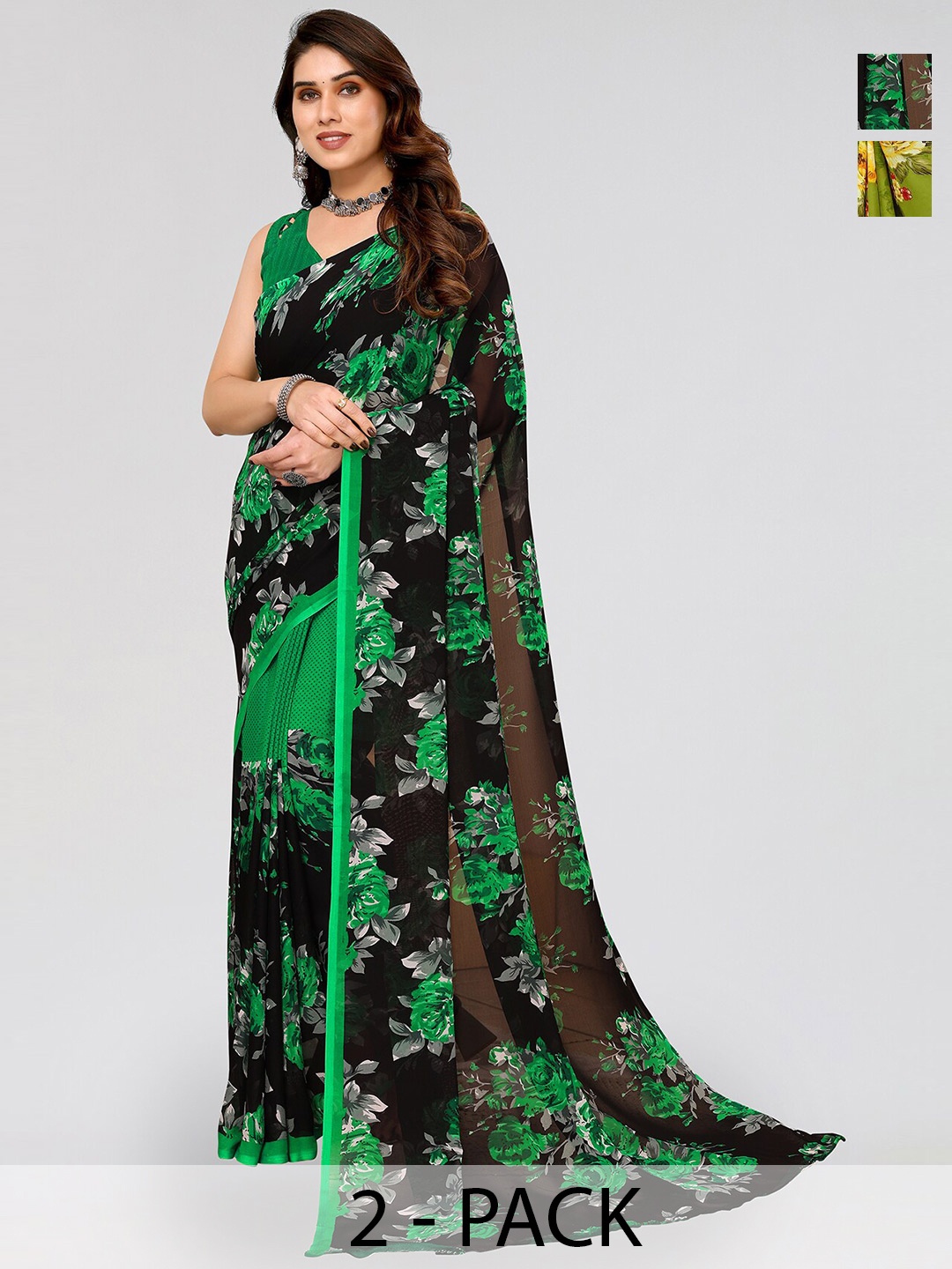 

ANAND SAREES Selection of 2 Floral Printed Sarees, Green