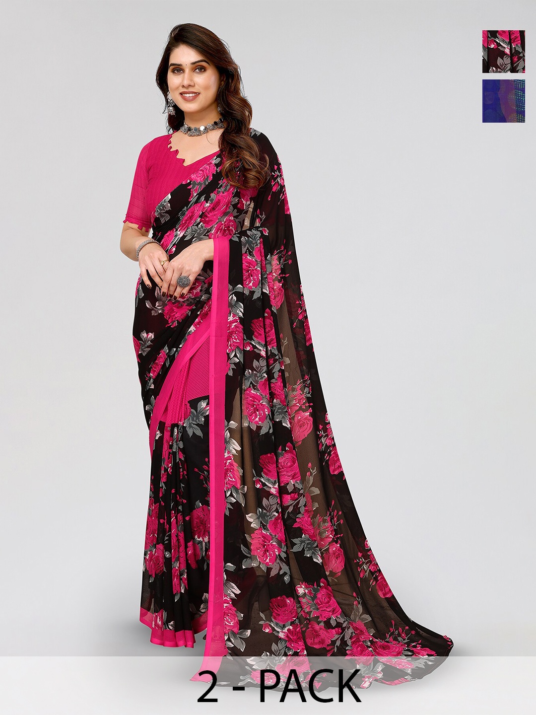 

ANAND SAREES Selection of 2 Floral Printed Saree, Black