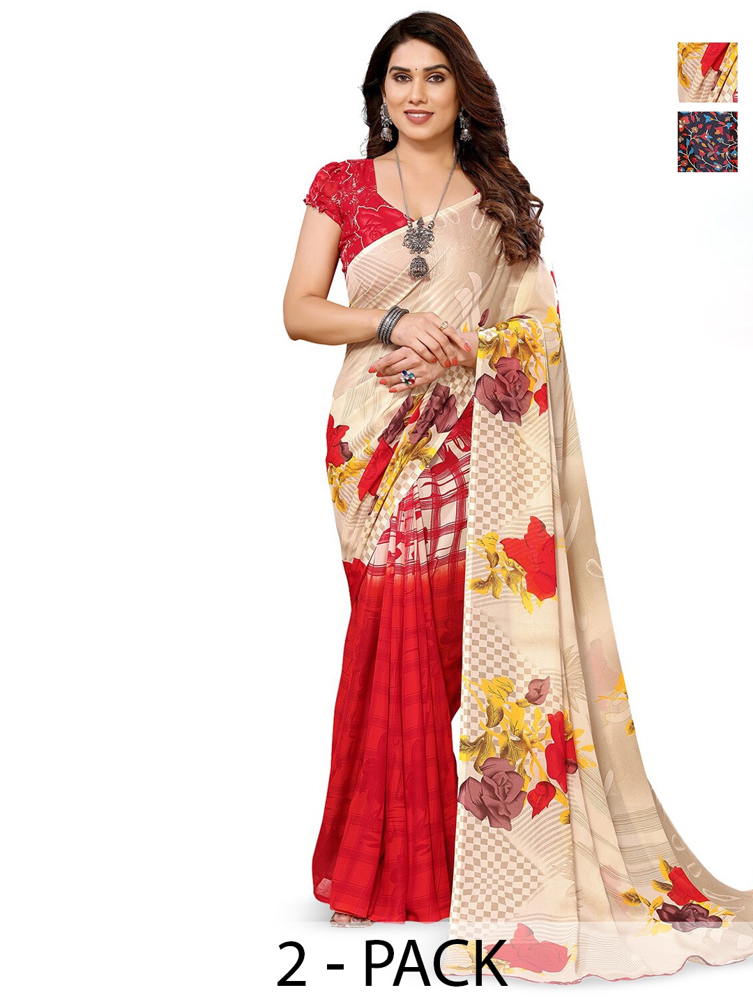 

ANAND SAREES Selection Of 2 Floral Printed Georgette Saree, Red