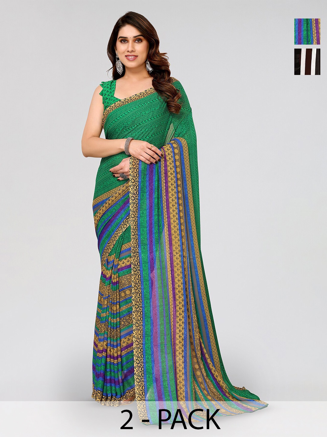 

ANAND SAREES Selection Of 2 Striped Printed Sarees, Green