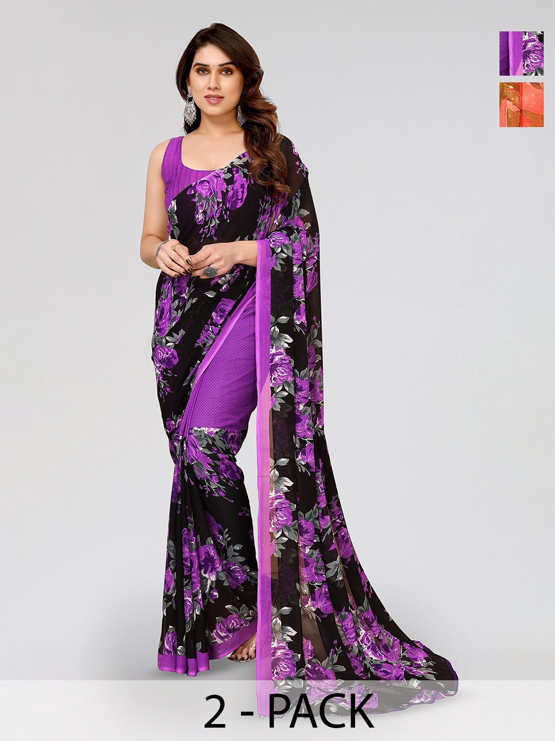 

ANAND SAREES Selection Of 2 Floral Printed Sarees, Peach