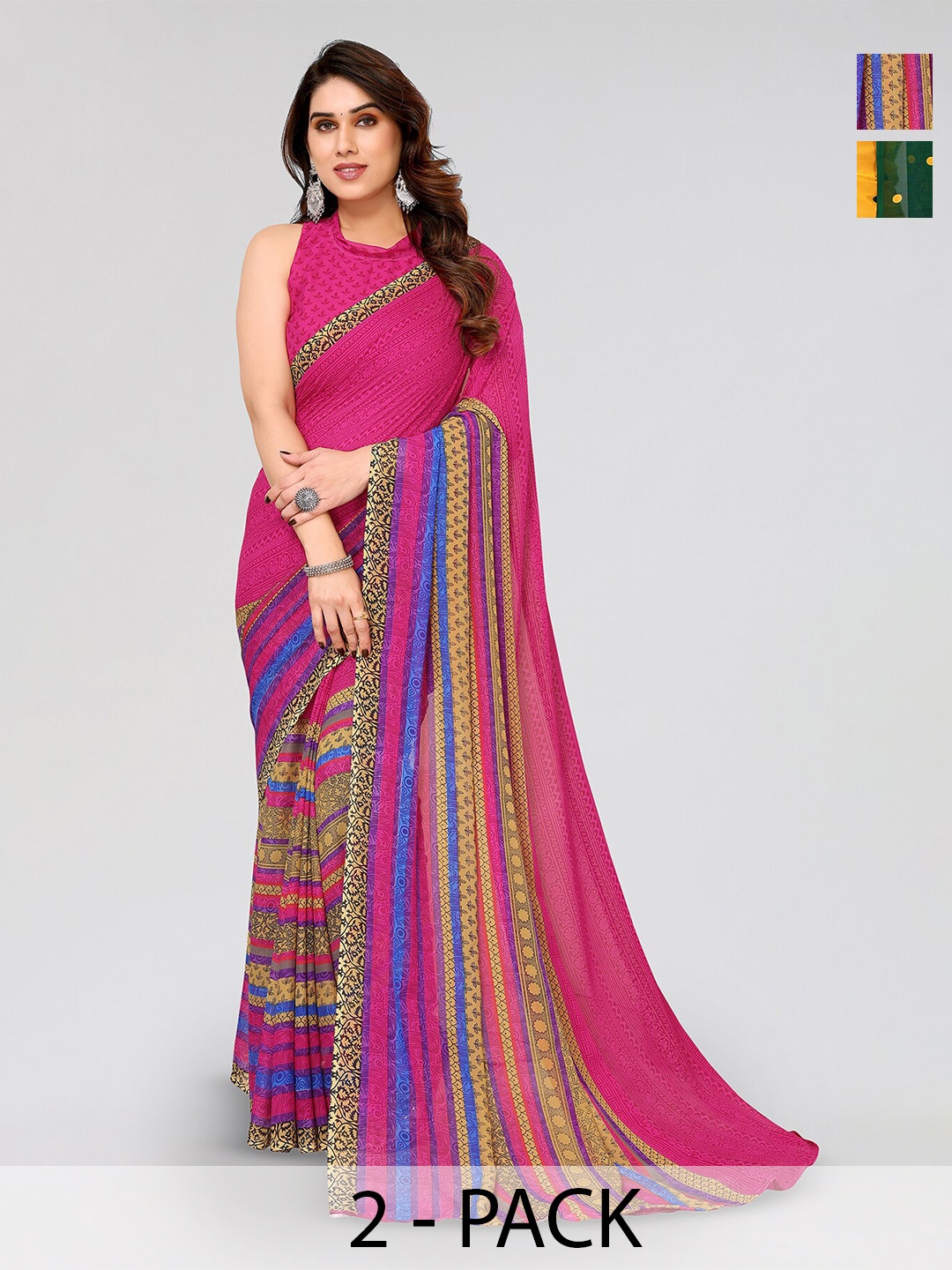 

ANAND SAREES Selection Of 2 Geometric Printed Sarees, Yellow