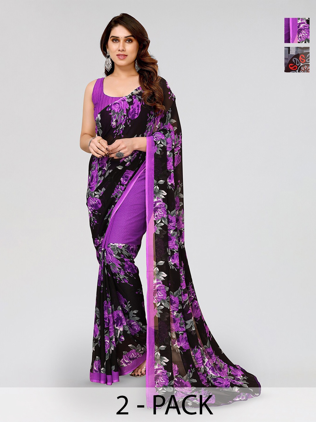 

ANAND SAREES Selection Of 2 Floral Printed Georgette Saree, Purple