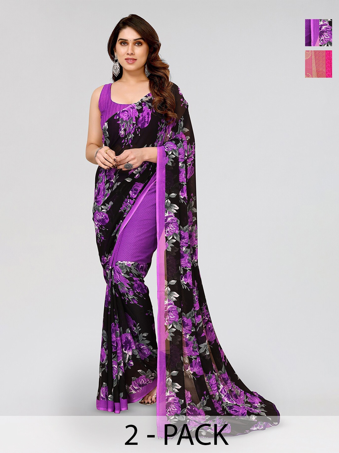 

ANAND SAREES Selection Of 2 Floral Printed Sarees, Black