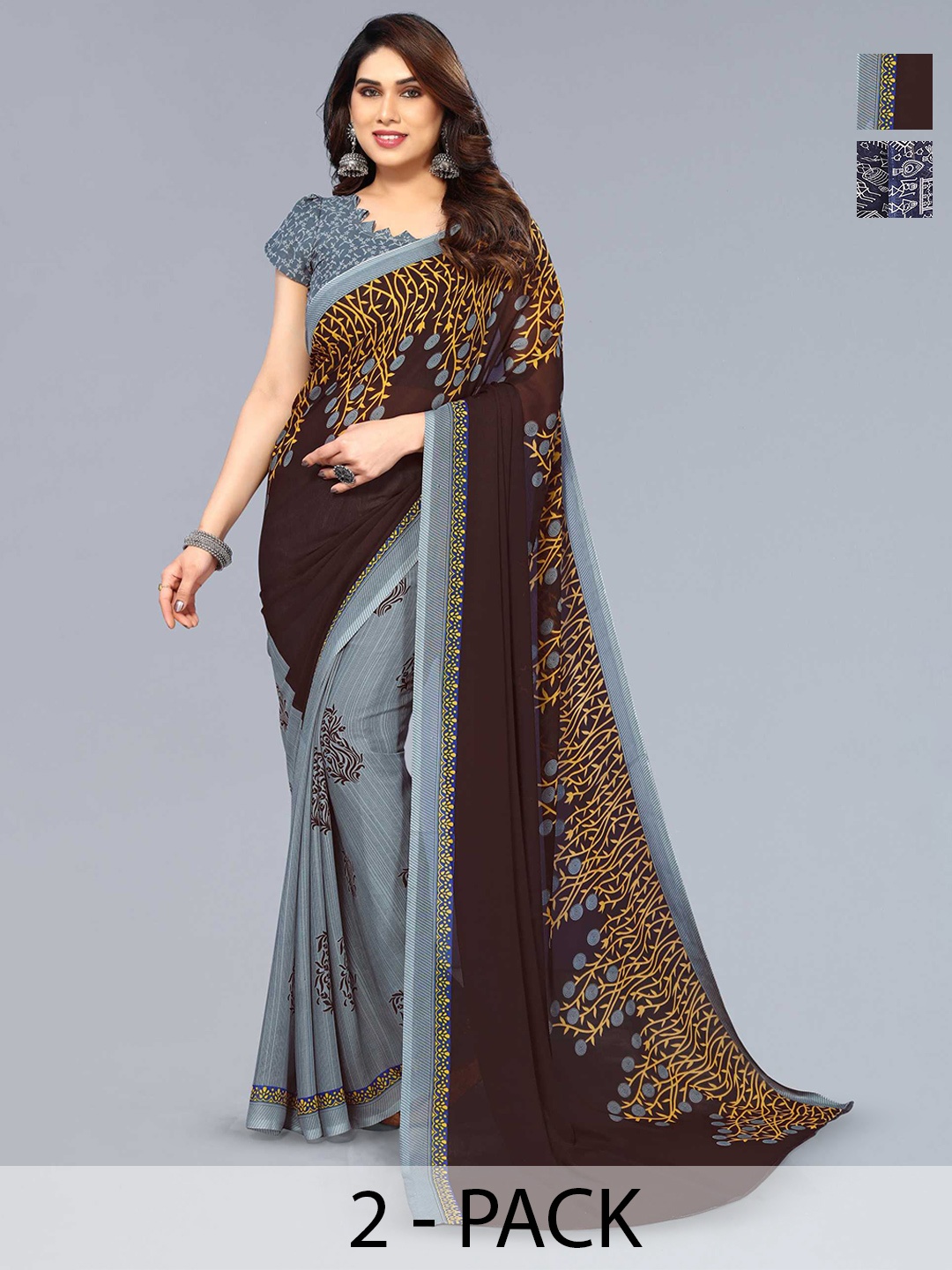 

ANAND SAREES Selection of 2 Floral Printed Sarees, Grey