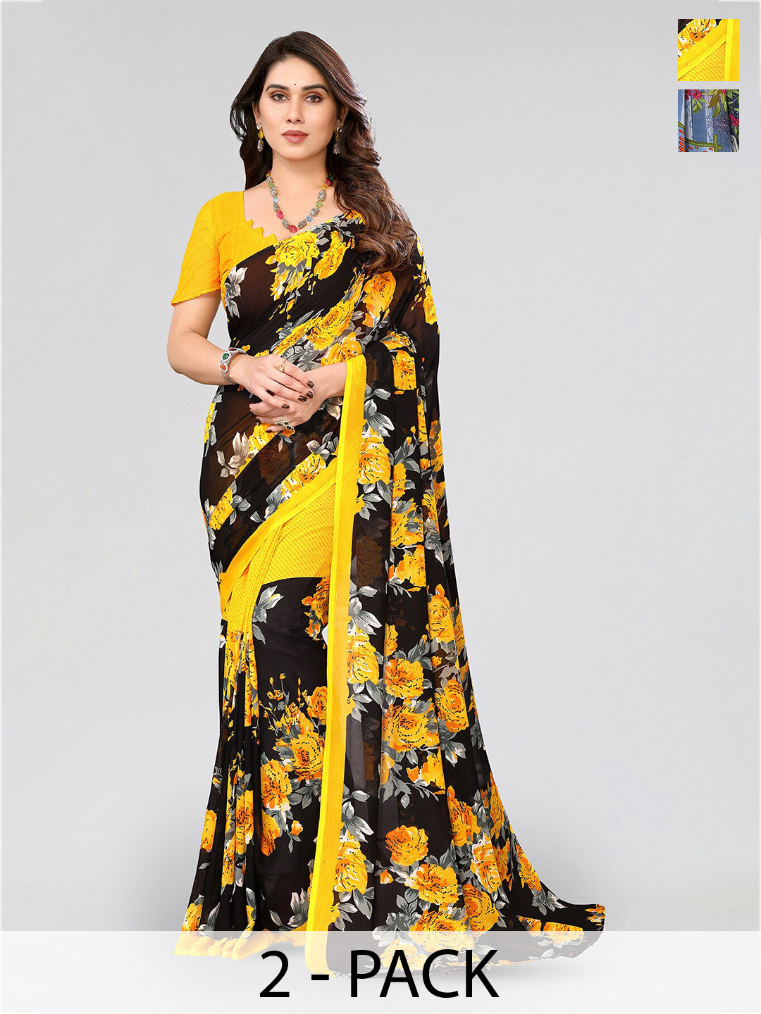 

ANAND SAREES Selection Of 2 Floral Printed Sarees, Yellow