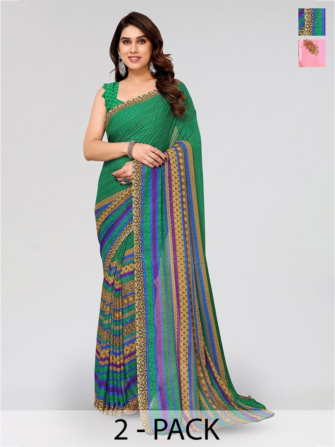 

ANAND SAREES Selection of 2 Floral Printed Sarees, Pink