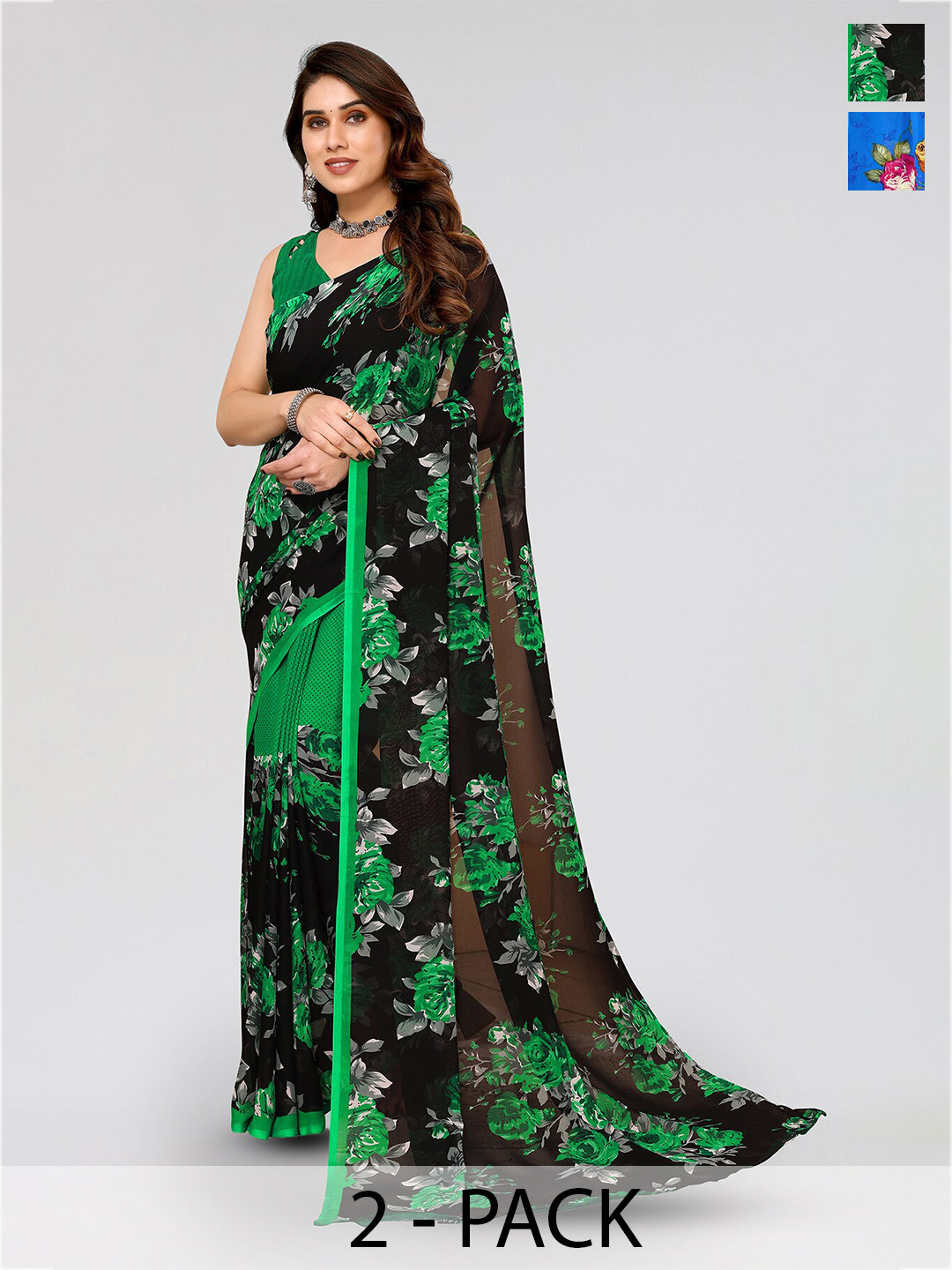 

ANAND SAREES Pack Of 2 Floral Printed Saree, Green