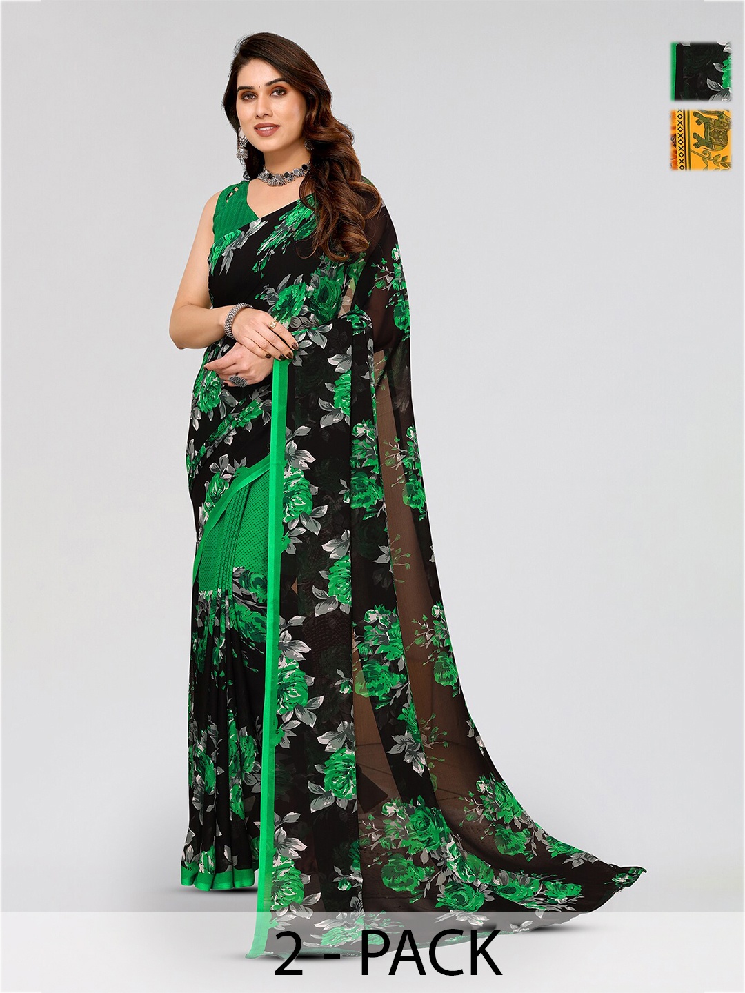 

ANAND SAREES Selection Of 2 Floral Printed Georgette Saree, Green