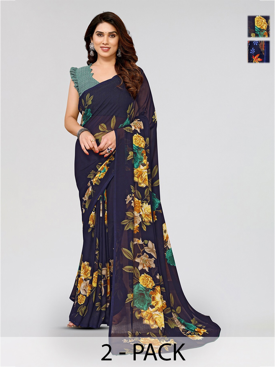 

ANAND SAREES Selection of 2 Floral Printed Saree, Blue