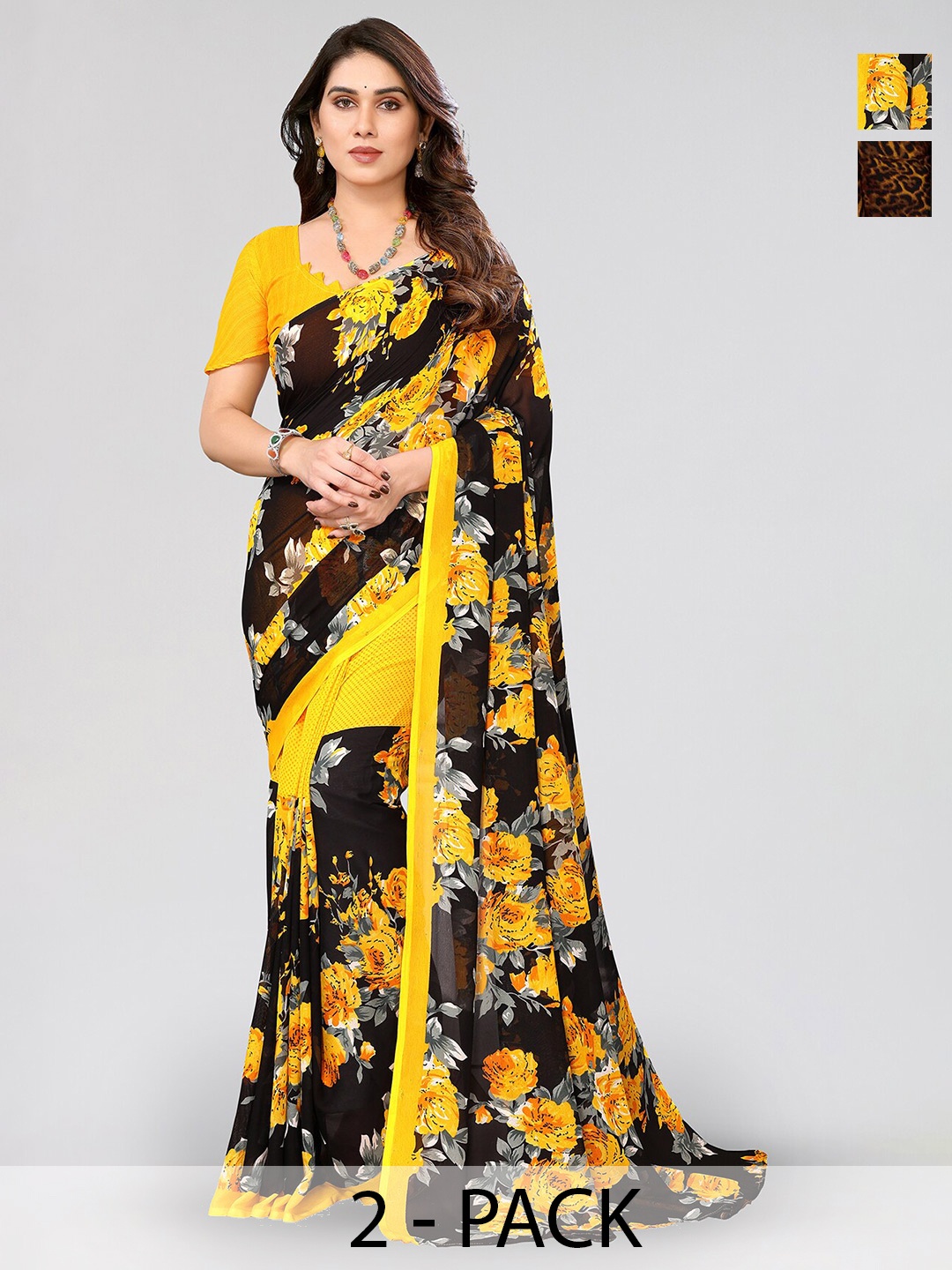 

ANAND SAREES Selection Of 2 Floral Printed Georgette Saree, Yellow