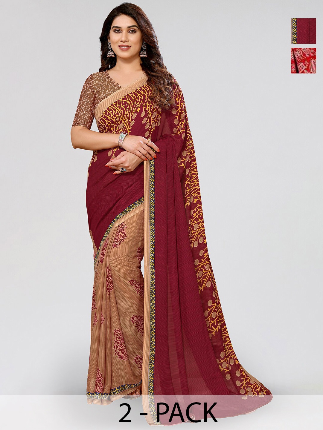 

ANAND SAREES Selection of 2 Ethnic Motifs Printed Saree, Red