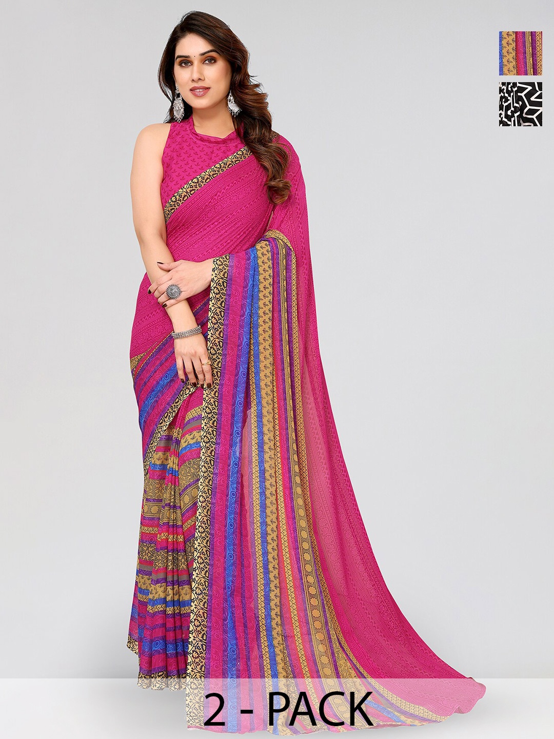 

ANAND SAREES Selection Of 2 Stripe Printed Saree, Pink