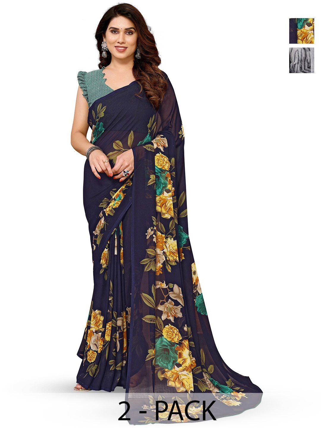 

ANAND SAREES Selection Of 2 Floral Printed Sarees, Navy blue