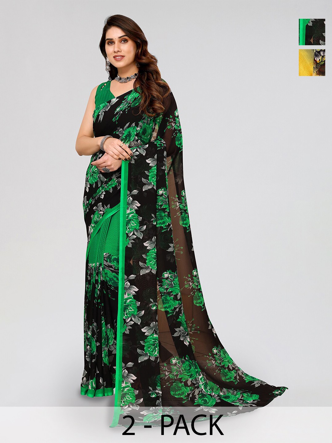 

ANAND SAREES Selection Of 2 Floral Printed Georgette Saree, Green