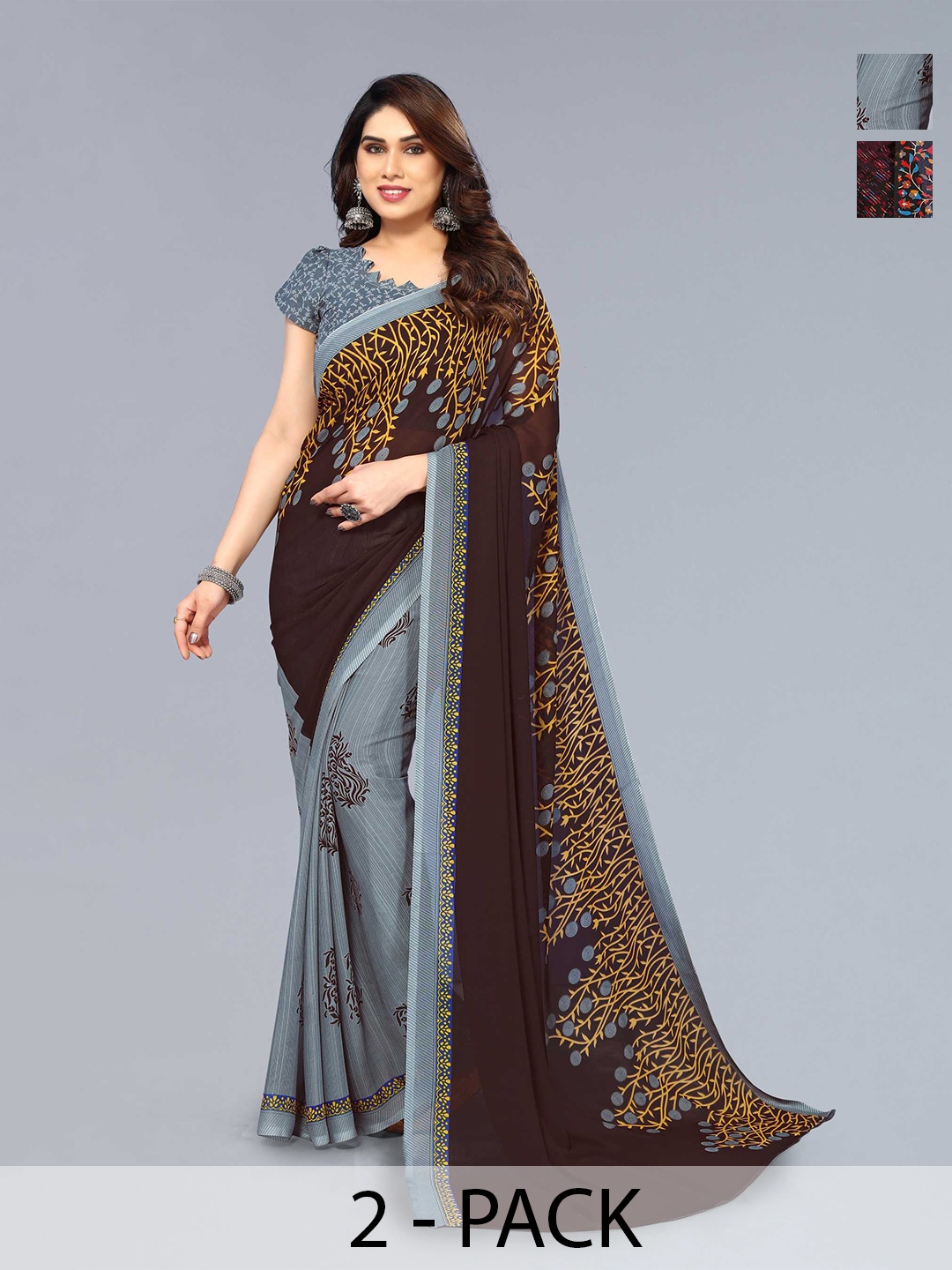 

ANAND SAREES Selection Of 2 Floral Printed Saree, Grey