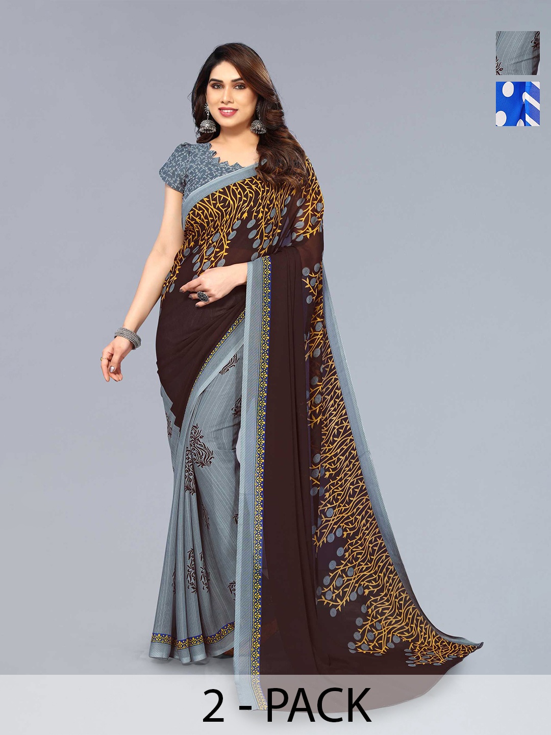 

ANAND SAREES Selection Of 2 Polka Dot Printed Sarees, Grey