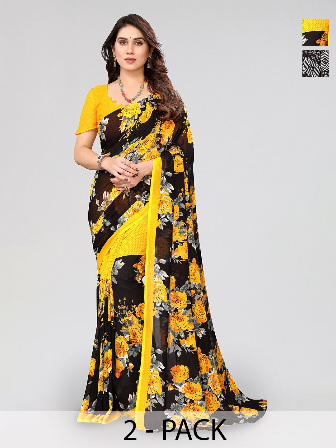 

ANAND SAREES Selection of 2 Floral Printed Sarees, Yellow