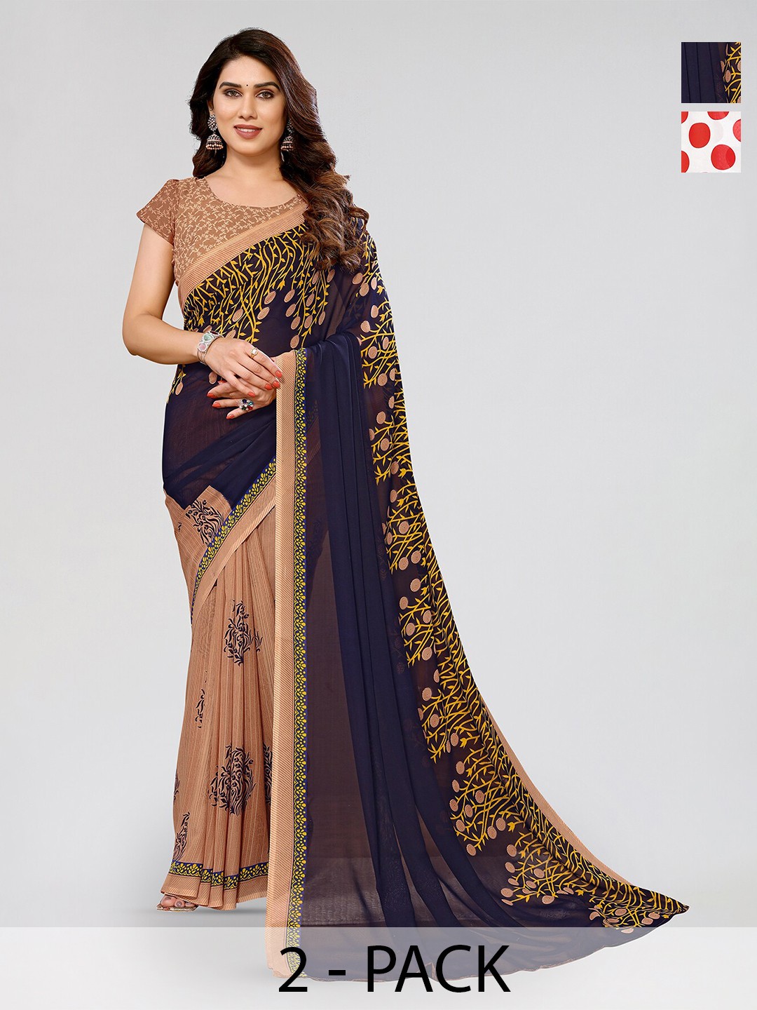 

ANAND SAREES Selection Of 2 Polka Dot Printed Georgette Saree, Brown