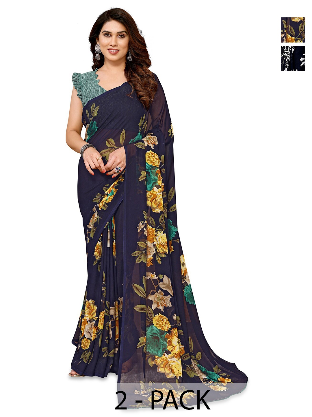 

ANAND SAREES Selection of 2 Floral Printed Sarees, Black