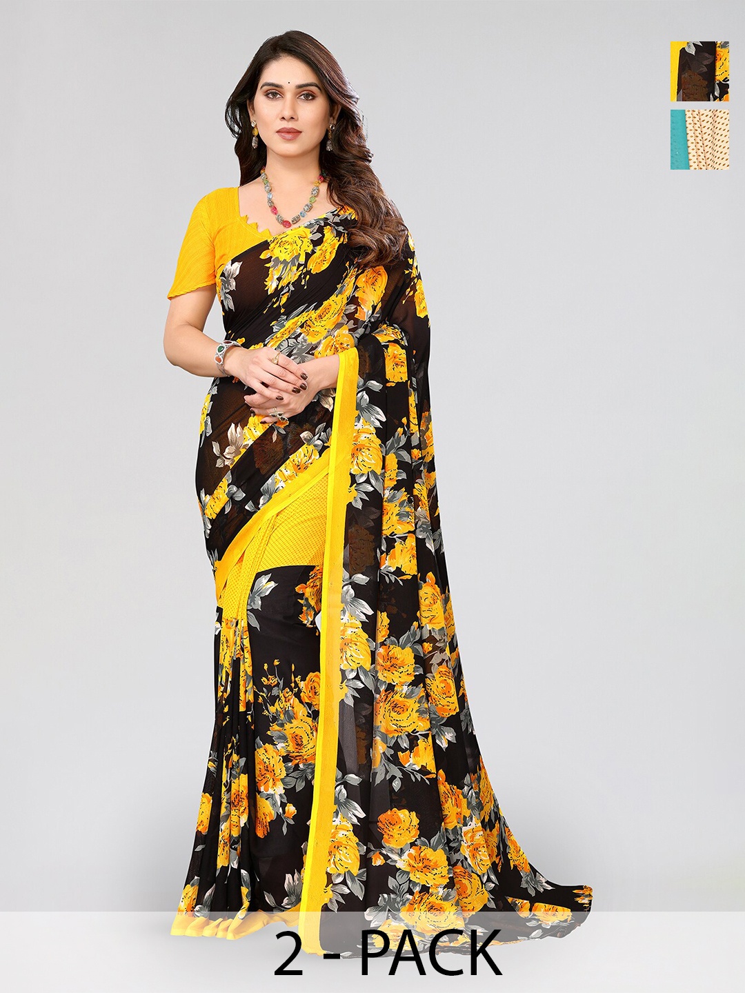

ANAND SAREES Selection Of 2 Floral Printed Saree, Black