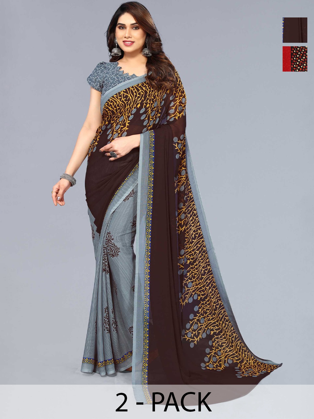 

ANAND SAREES Selection Of 2 Floral Printed Sarees, Grey