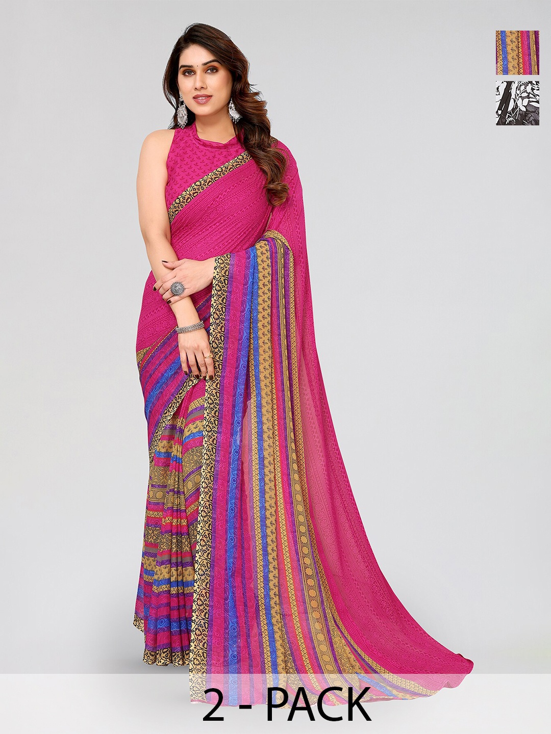

ANAND SAREES Selection Of 2 Floral Printed Sarees, Pink