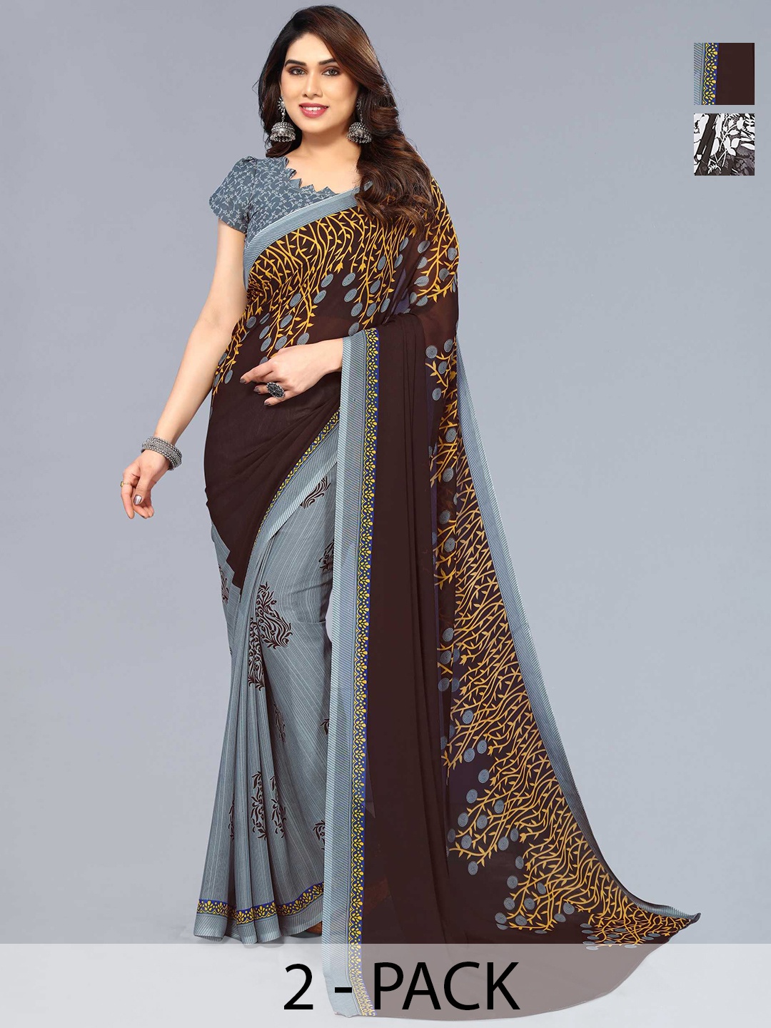 

ANAND SAREES Selection Of 2 Floral Printed Sarees, Brown