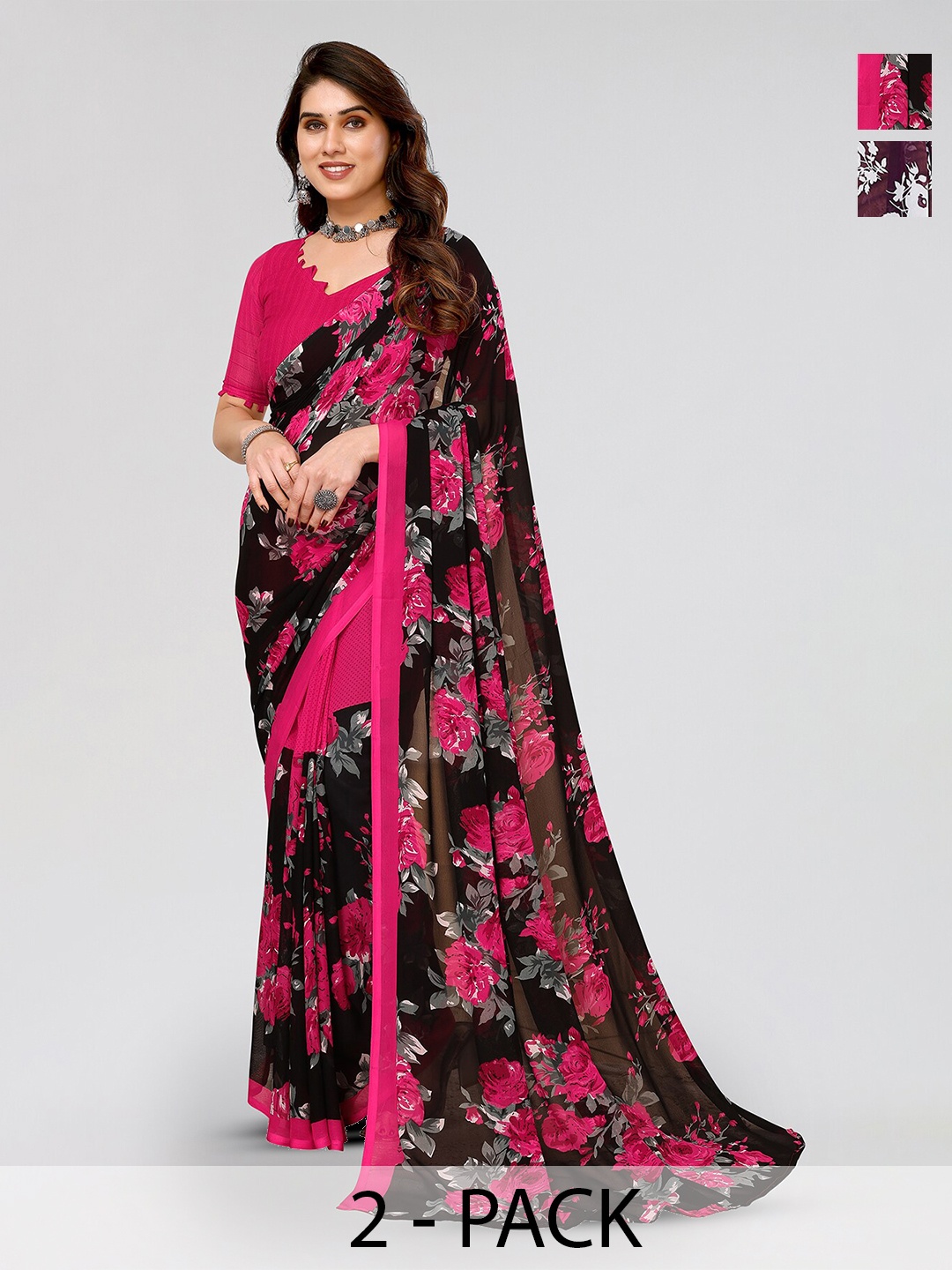 

ANAND SAREES Selection Of 2 Floral Printed Saree, Pink