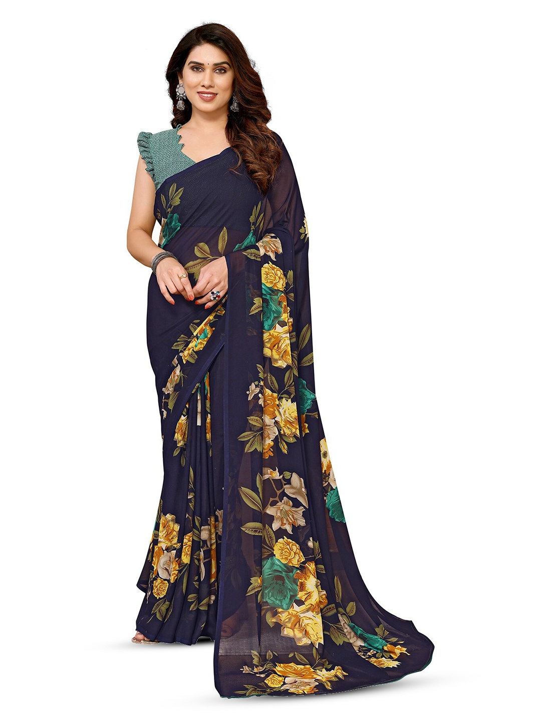 

ANAND SAREES Selection Of 2 Floral Printed Saree, Navy blue