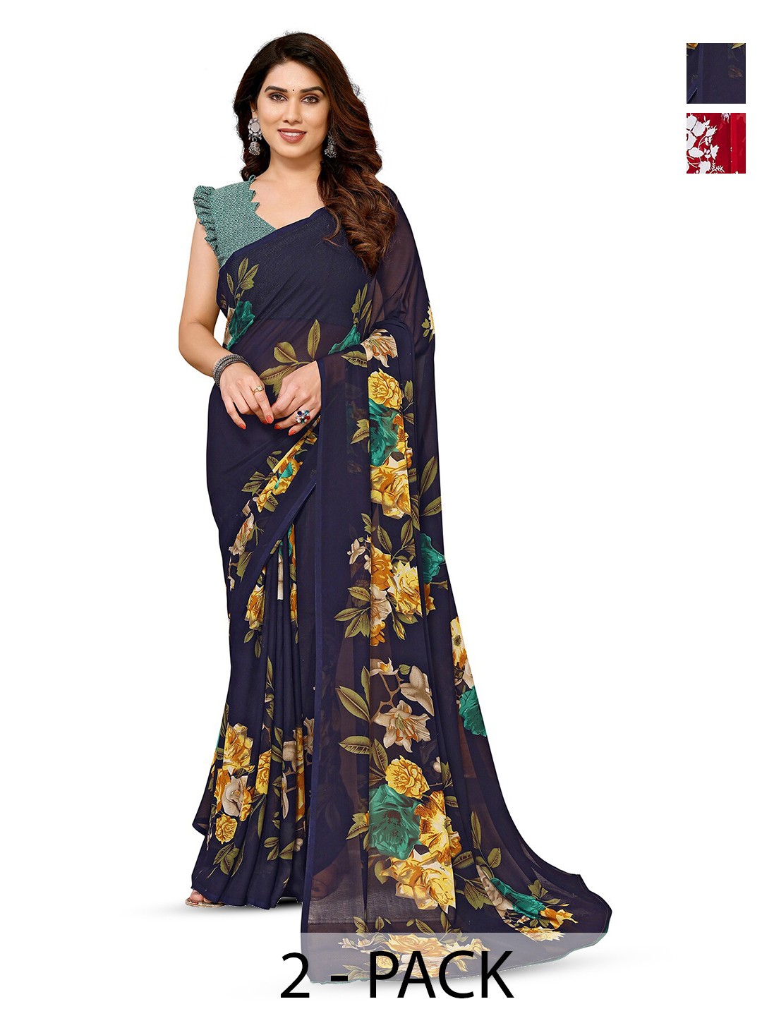 

ANAND SAREES Selection Of 2 Floral Printed Sarees, Red
