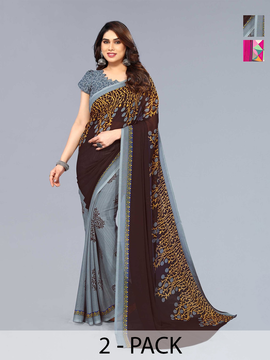 

ANAND SAREES Selection Of 2 Floral Printed Sarees, Grey