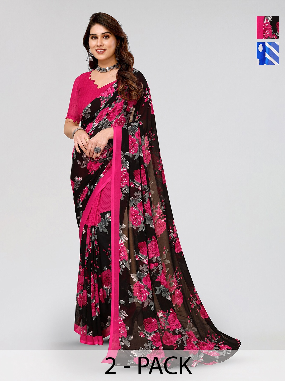 

ANAND SAREES Selection Of 2 Printed Saree, Black