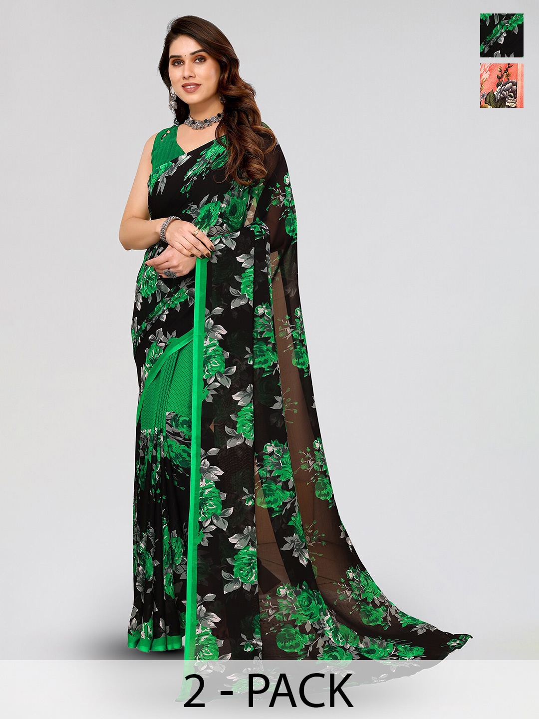 

ANAND SAREES Selection of 2 Floral Printed Saree, Black