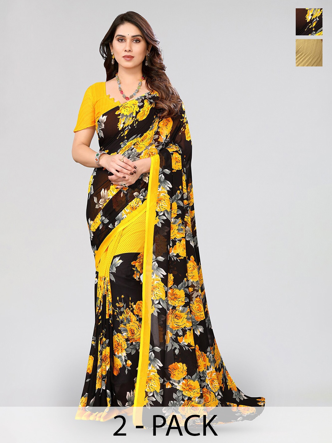 

ANAND SAREES Selection Of 2 Floral Printed Sarees, Yellow