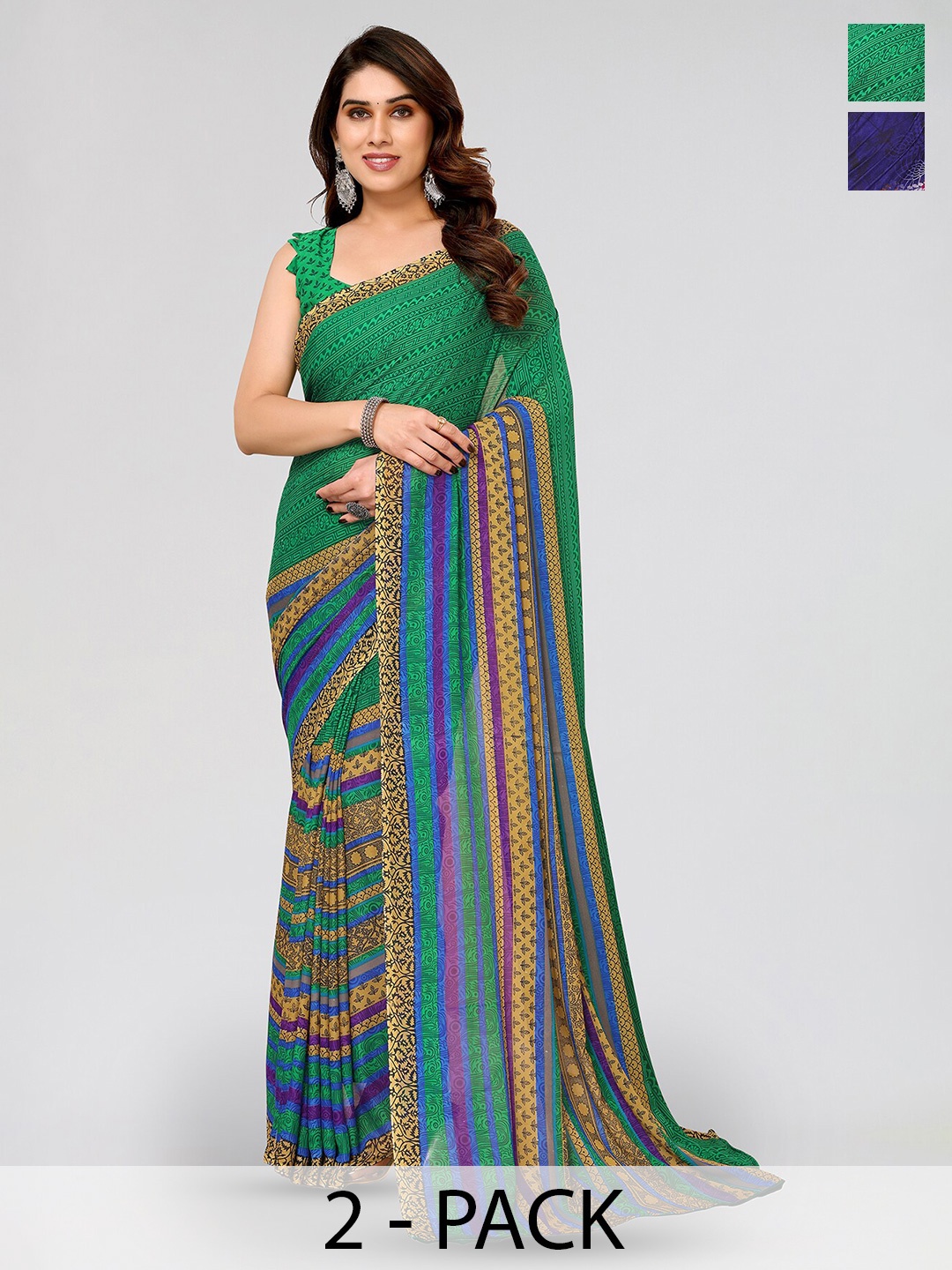 

ANAND SAREES Selection Of 2 Floral Printed Sarees, Green