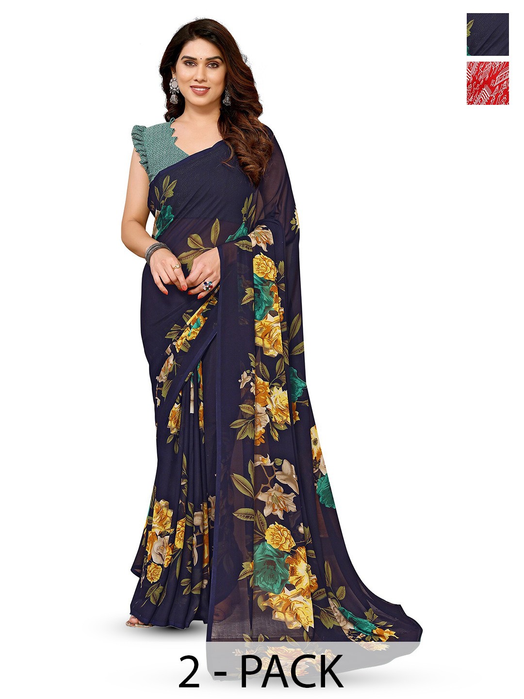 

ANAND SAREES Selection Of 2 Ethnic Motif Printed Sarees, Navy blue