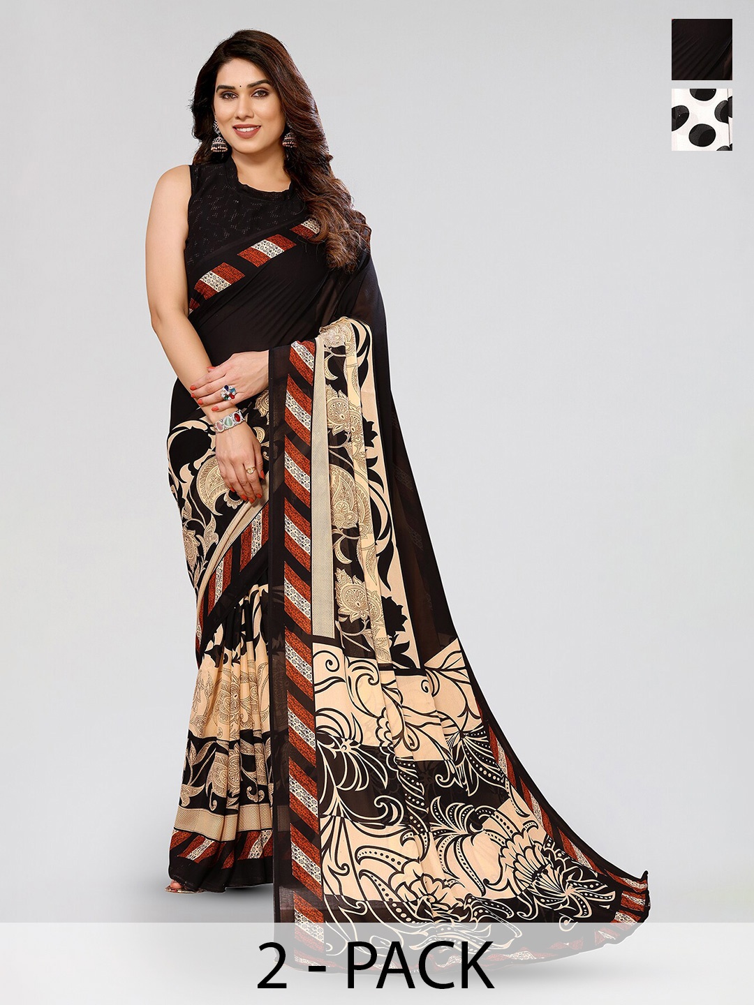 

ANAND SAREES Selection Of 2 Polka Dot Printed Saree, Black