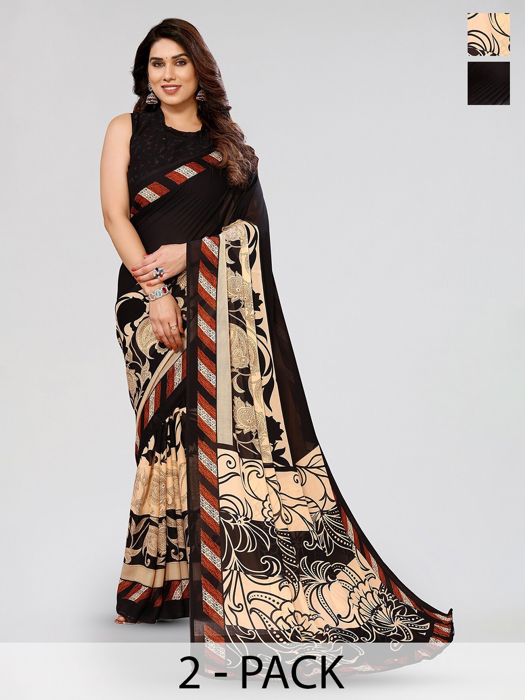 

ANAND SAREES Selection Of 2 Floral Poly Georgette Saree, Black