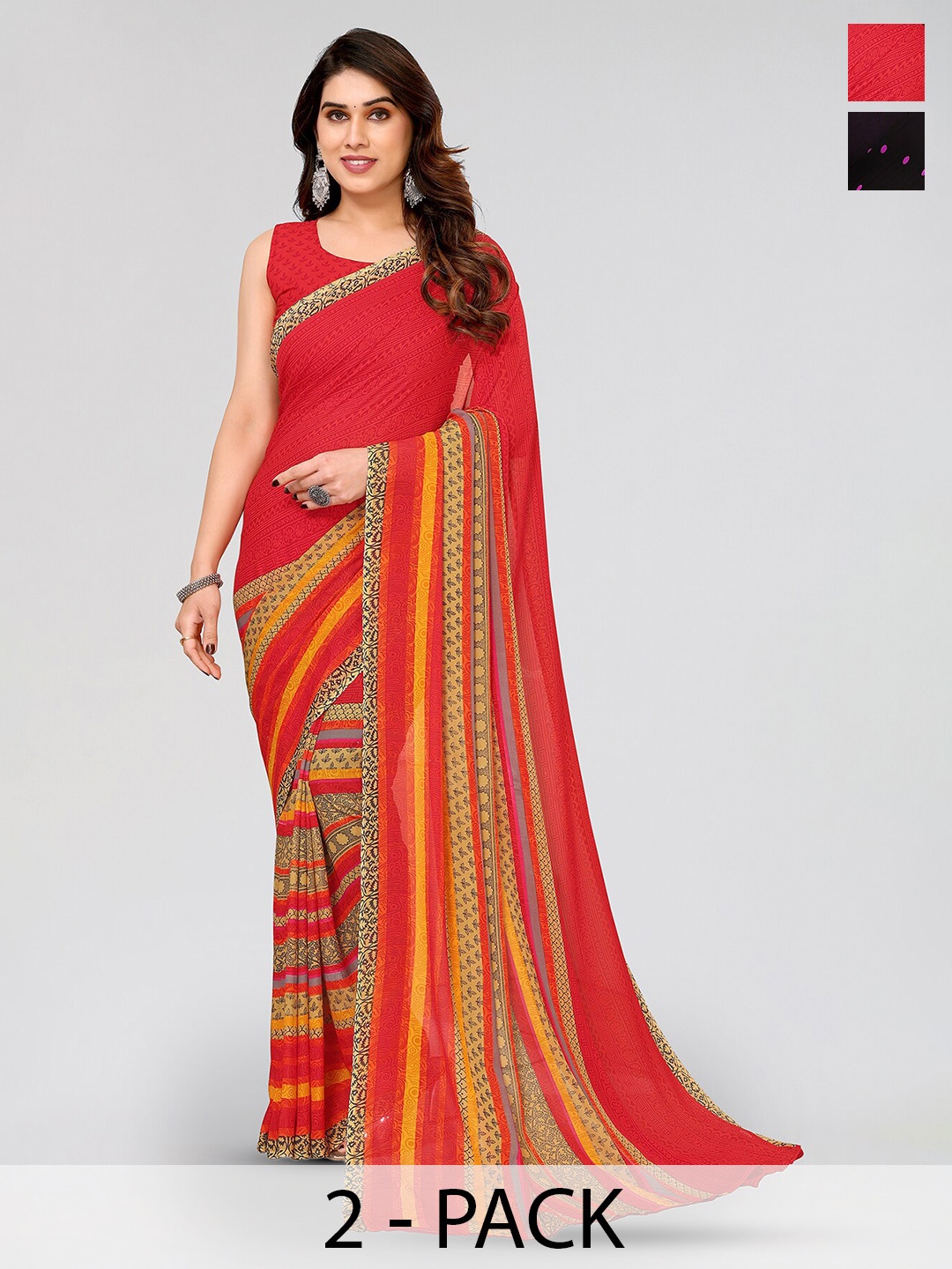 

ANAND SAREES Selection Of 2 Geometric Printed Sarees, Red