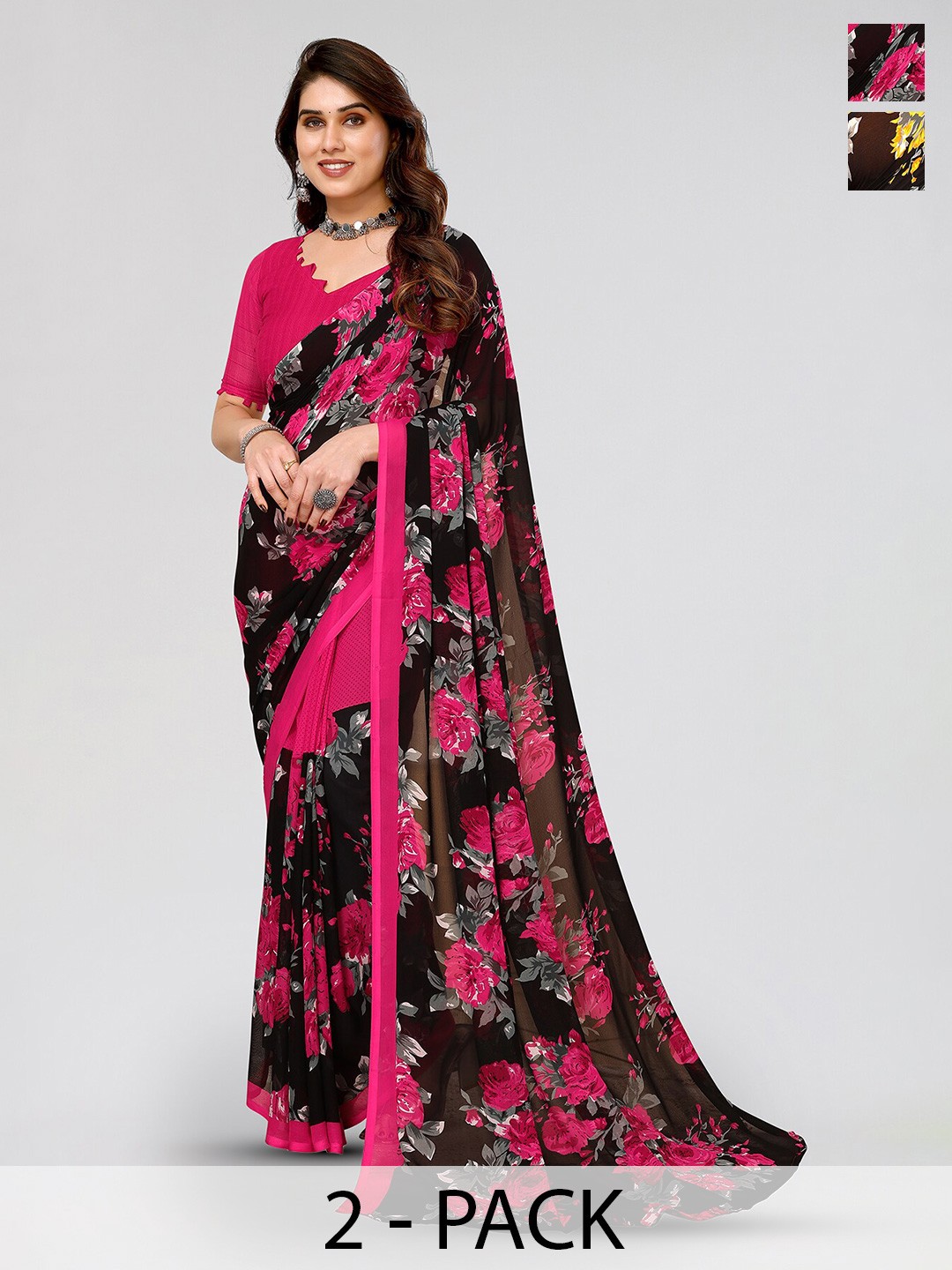 

ANAND SAREES Selection Of 2 Floral Printed Saree, Black