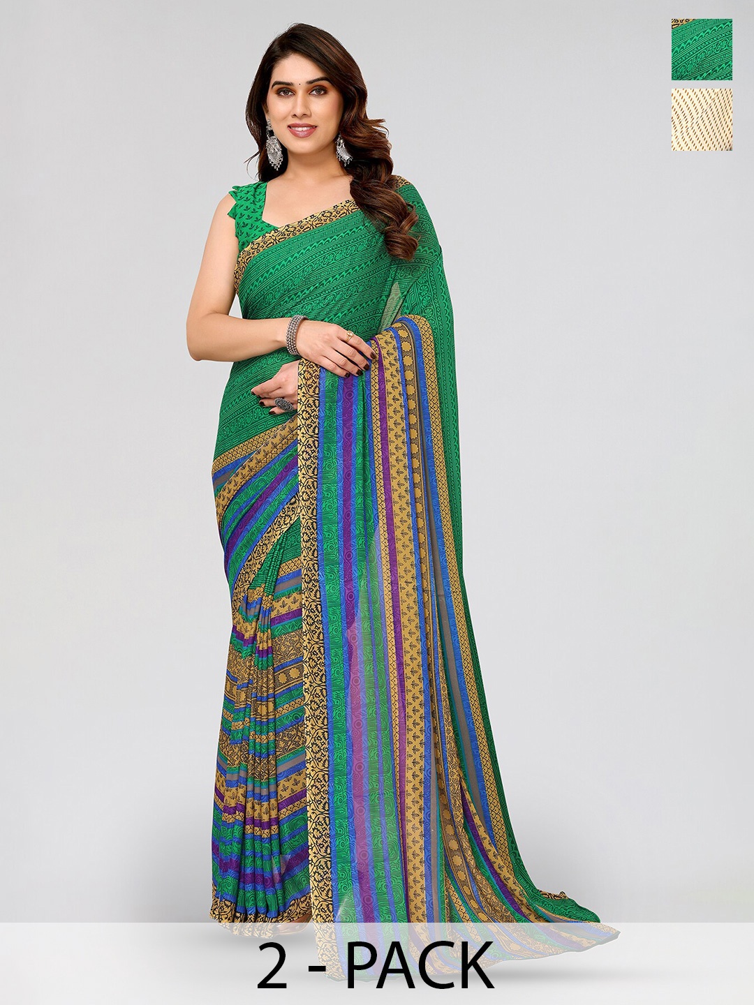 

ANAND SAREES Selection Of 2 Printed Saree, Green