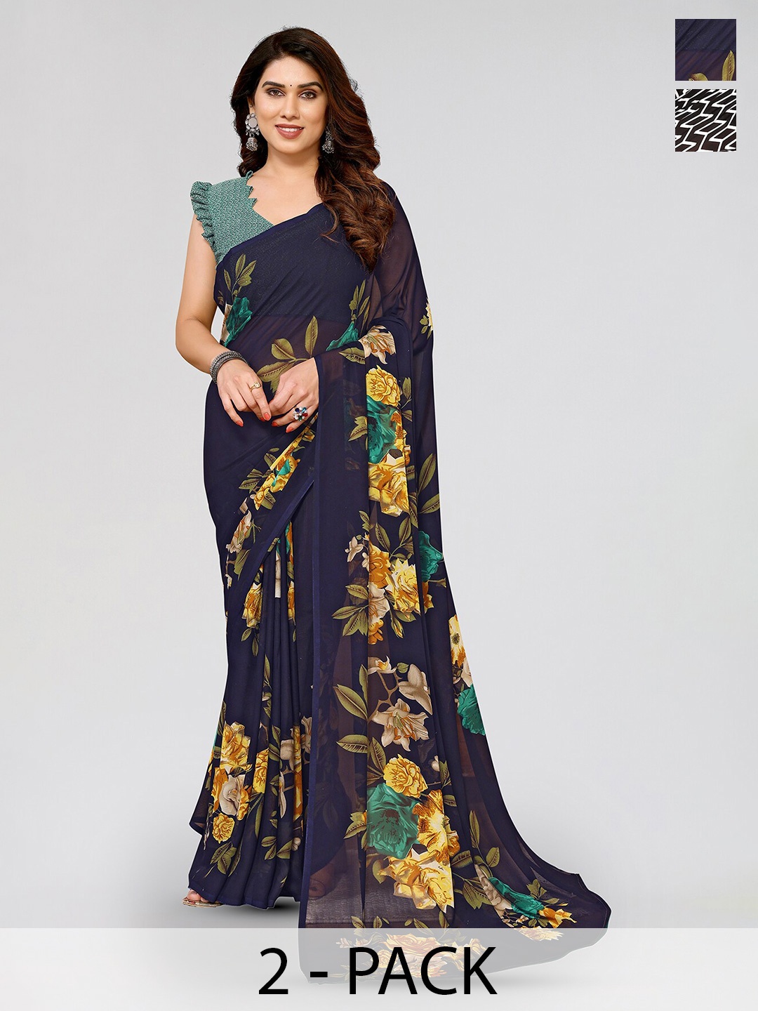 

ANAND SAREES Selection Of 2 Printed Saree, Navy blue