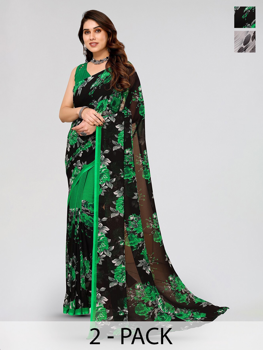 

ANAND SAREES Selection Of 2 Floral Printed Sarees, Grey