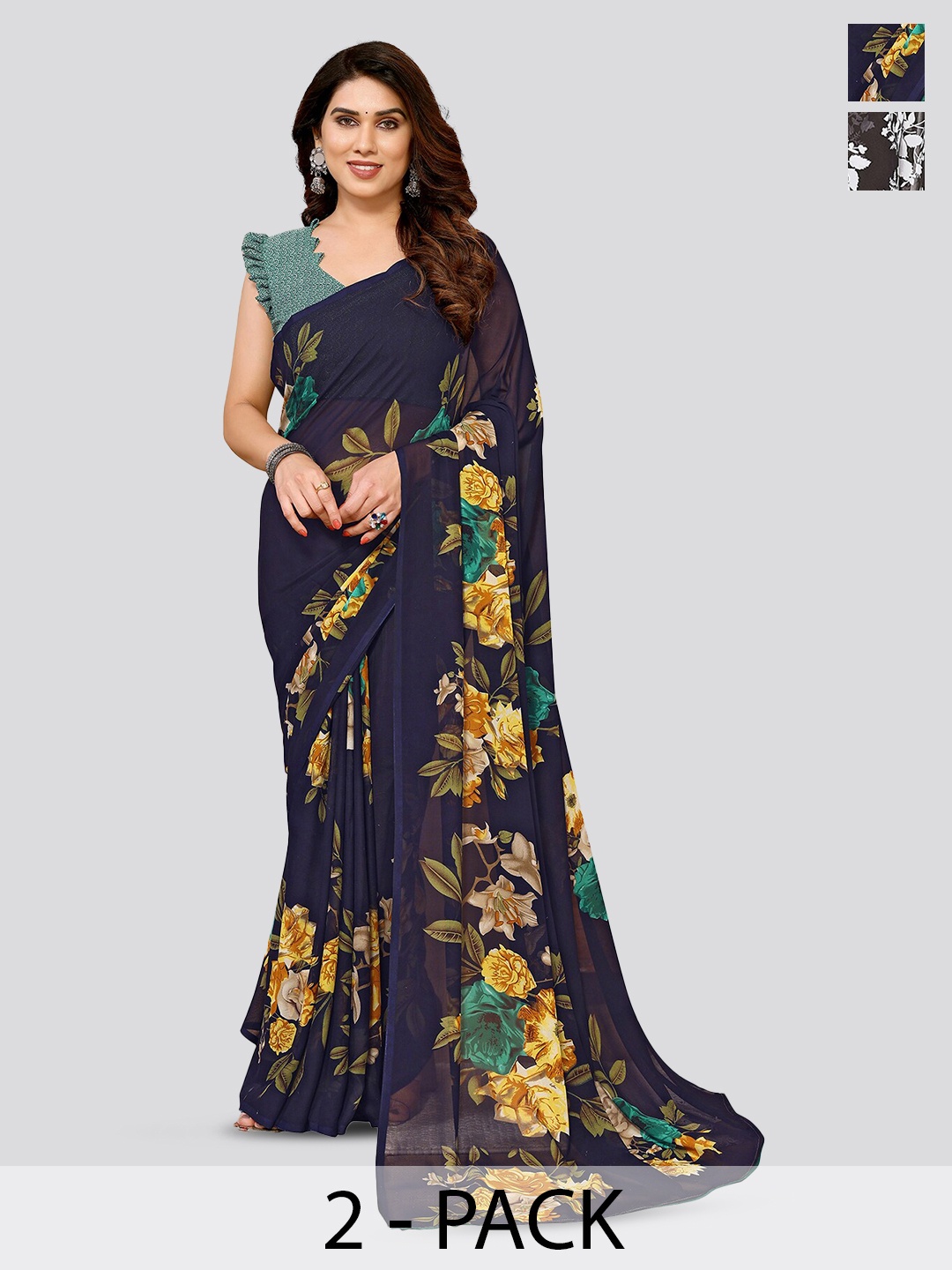 

ANAND SAREES Selection Of 2 Floral Printed Saree, Navy blue